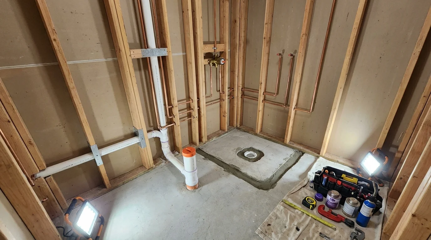 Bathroom rough-in plumbing during remodel by Johns Plumbing LLC in Waveland