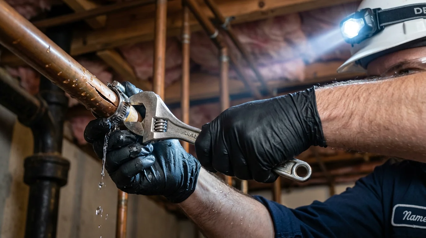 Emergency pipe clamp repair being performed by a Johns Plumbing LLC plumber in Waveland