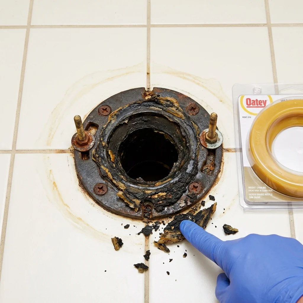 Failed wax ring showing water seepage at the base of a toilet in a Waveland, MS home