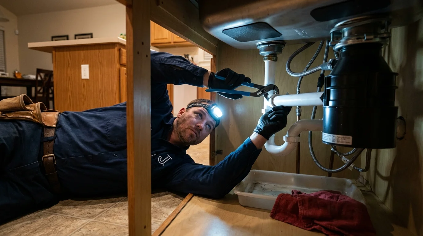P-trap and supply line connections under a kitchen sink showing a common leak point in Waveland, MS